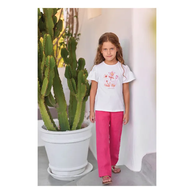 T-shirt Manches Bouffantes Brodé Fleurs | Blanc
