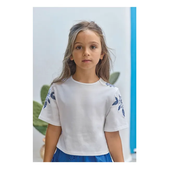 T-Shirt mit Blumenstickerei | Weiß