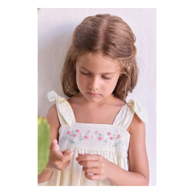 Vestido sin tirantes bordado a rayas | Amarillo