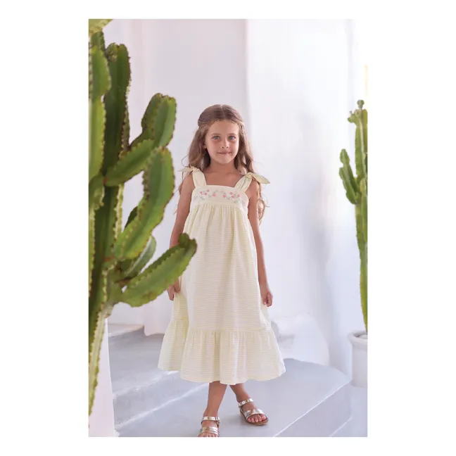 Vestido sin tirantes bordado a rayas | Amarillo