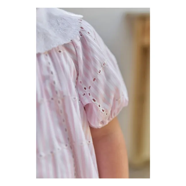 Robe Col Claudine Brodée Rayée | Rose poudré