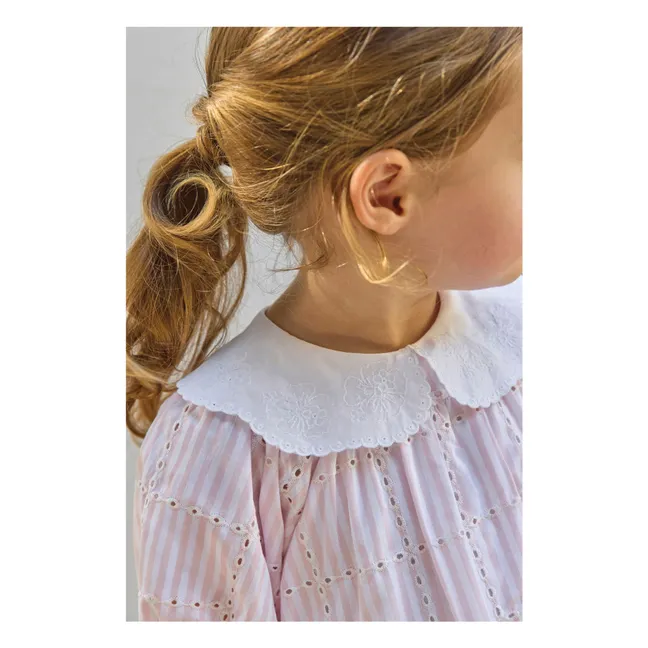 Robe Col Claudine Brodée Rayée | Rose poudré