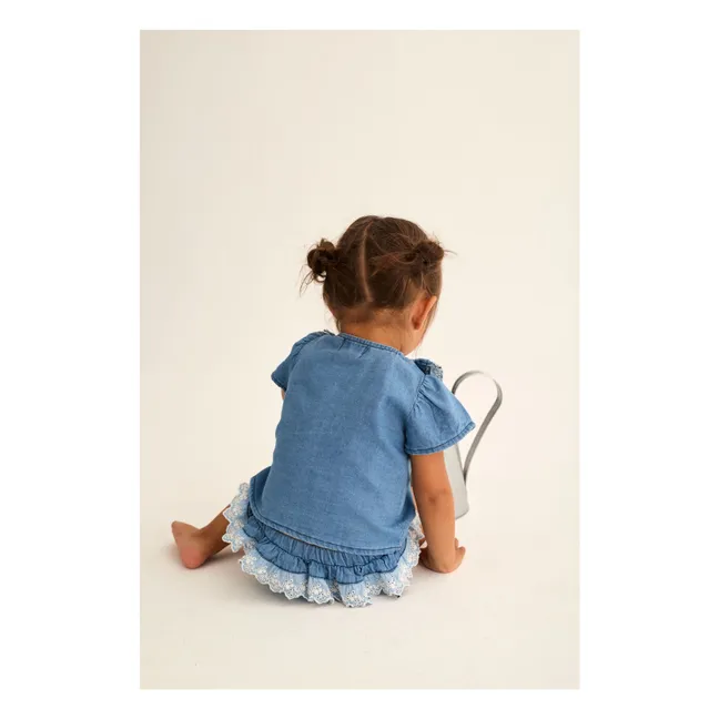 Blouse Denim Malva Volants | Bleu