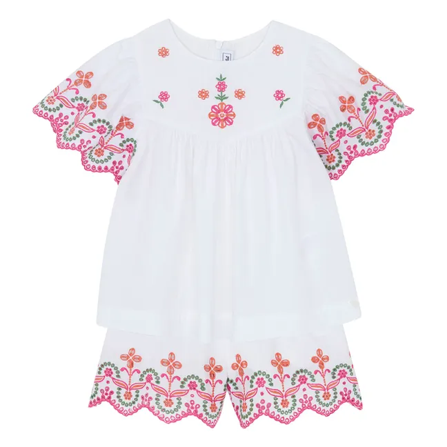 Blouse and embroidered shorts set | White