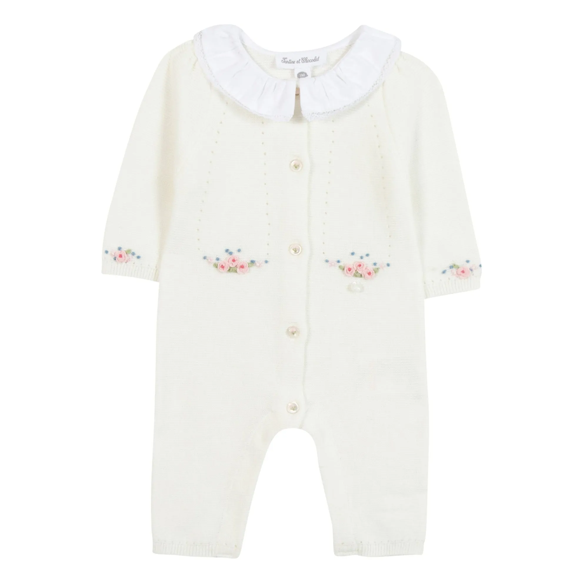 Tartine Et Chocolat Women's Ecru Flower Embroidered Claudine Collar Jumpsuit