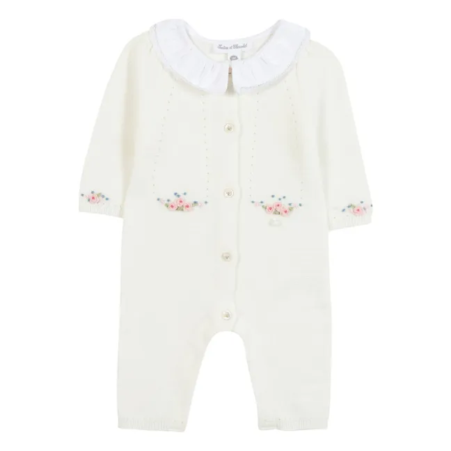 Flower Embroidered Claudine Collar Jumpsuit | Ecru