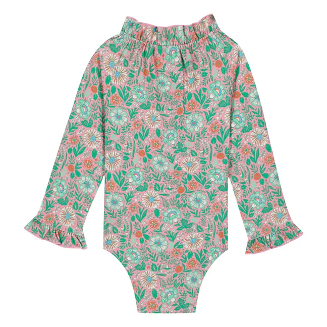 Maillot de Bain Manches Longues Col Volants Fleurs | 	Lilas
