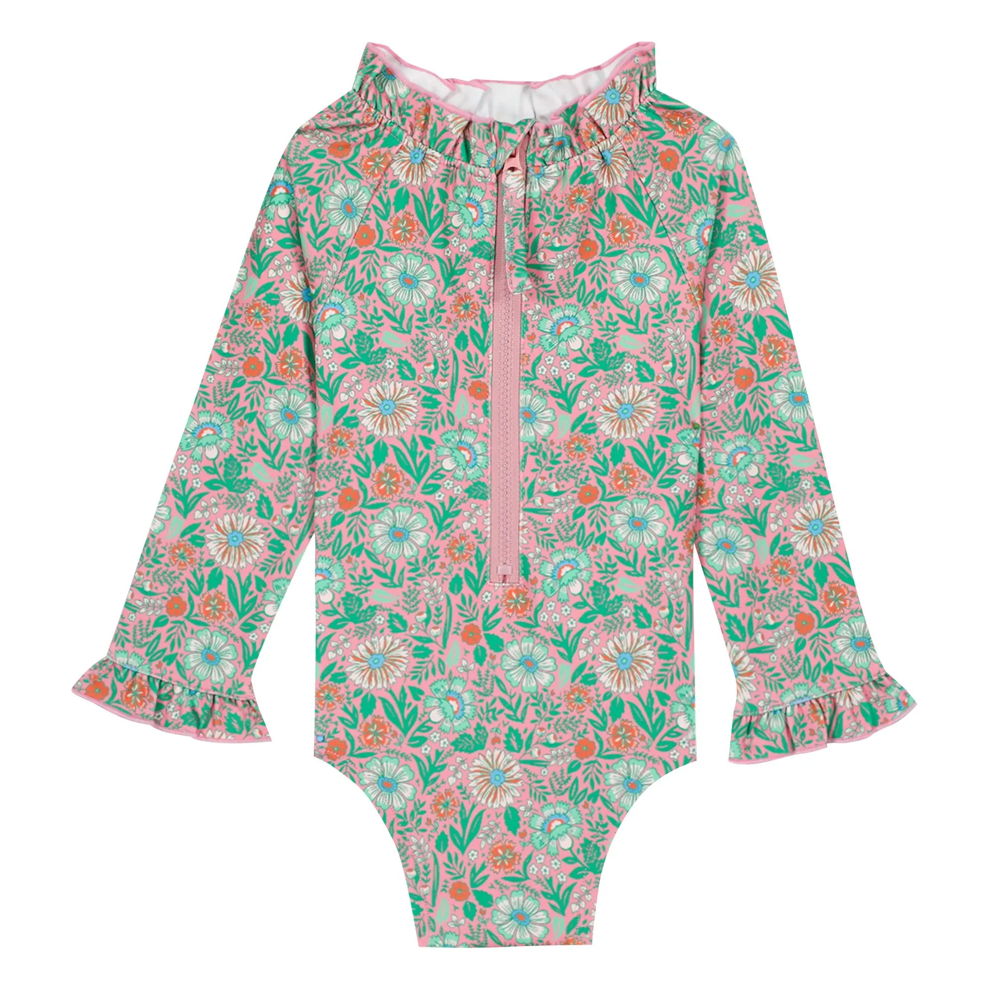 Bonton Lilac Long Sleeve Ruffle Neck Swimsuit Flowers
