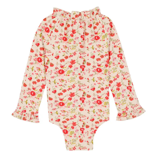 Maillot de Bain Manches Longues Col Volants Fleuri | Rouge