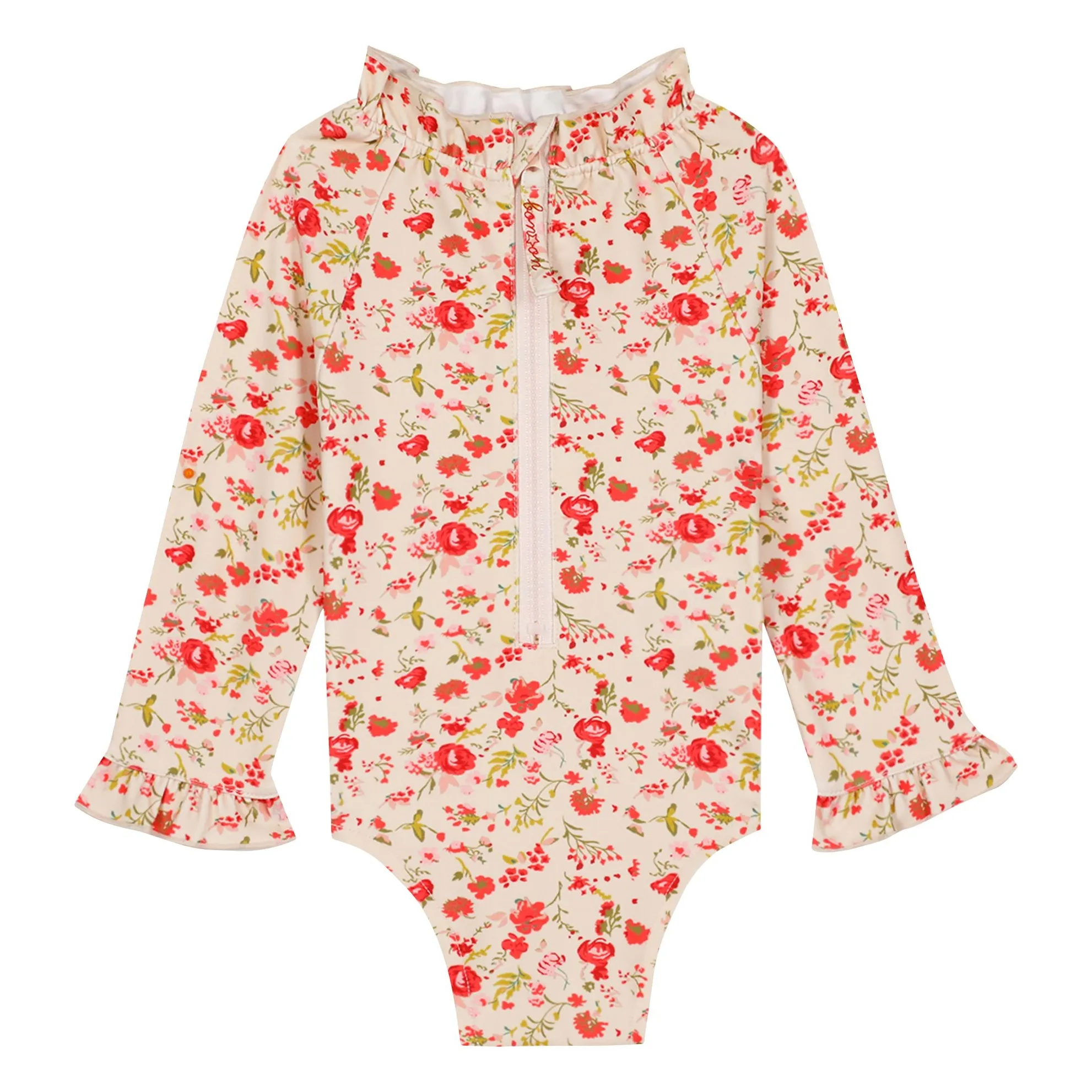 Bonton Red Long-Sleeved Swimsuit With Floral Ruffle Collar