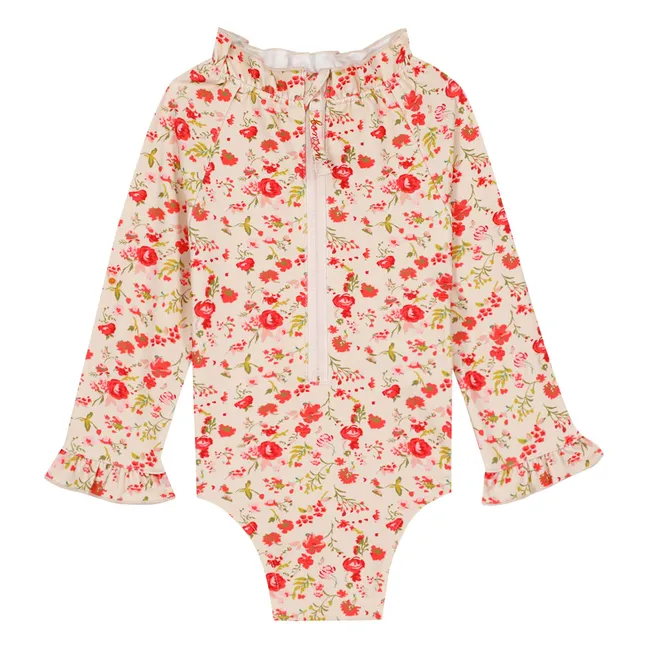 Maillot de Bain Manches Longues Col Volants Fleuri | Rouge