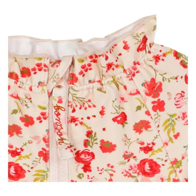 Maillot de Bain Manches Longues Col Volants Fleuri | Rouge