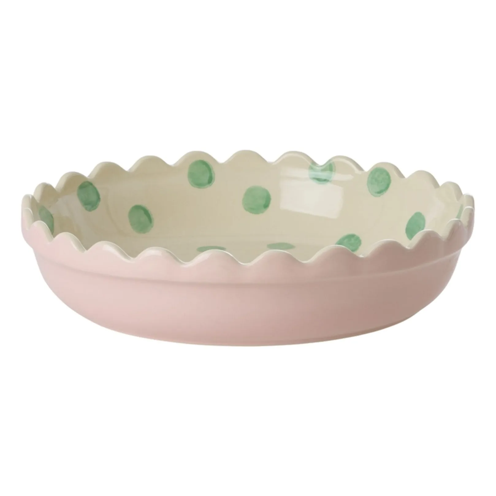 Rice Pink Stoneware Pie Dish With Polka Dots