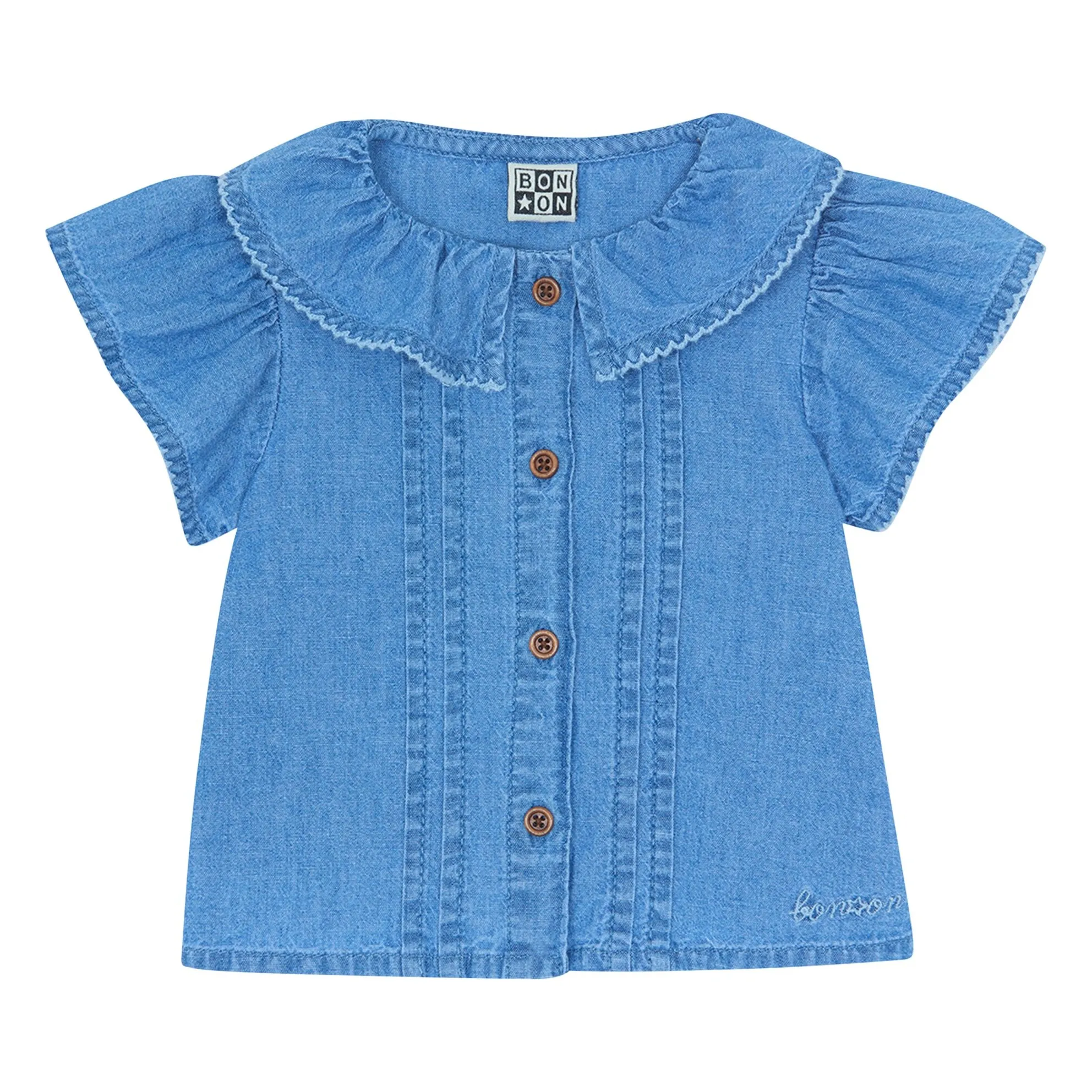Bonton Denim Blue Nancy Chambray Baby Puff Sleeve Shirt
