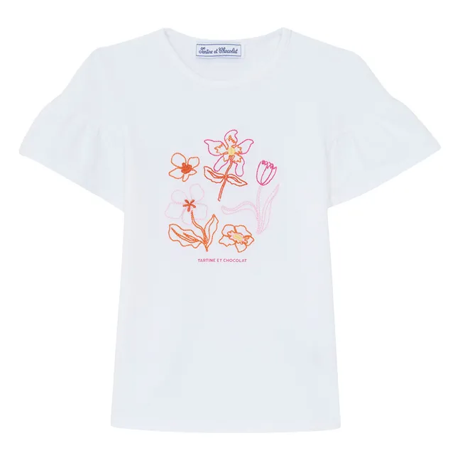 Camiseta de manga abullonada bordada con flores | Blanco