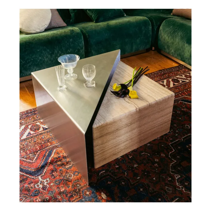 Table basse gigogne Triangolo en travertin aluminium brossé- Image produit n°1
