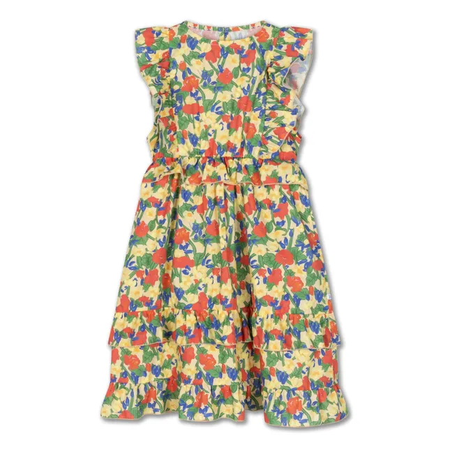 Robe Volants Fleurie Coton Bio | Jaune pâle