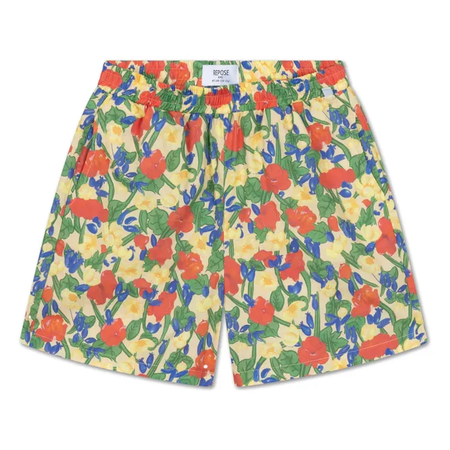 Short Taille Elastiquée Fleuri Coton Bio | Jaune pâle