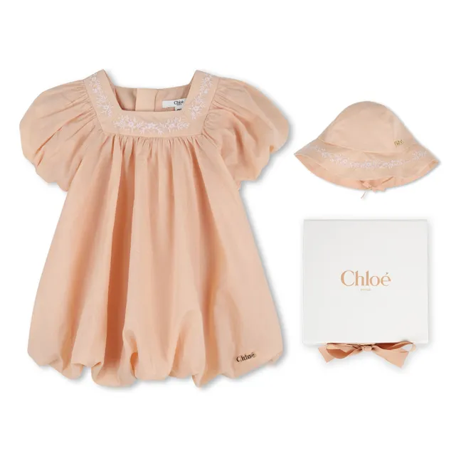 Organic cotton puffy dress and hat set | Apricot