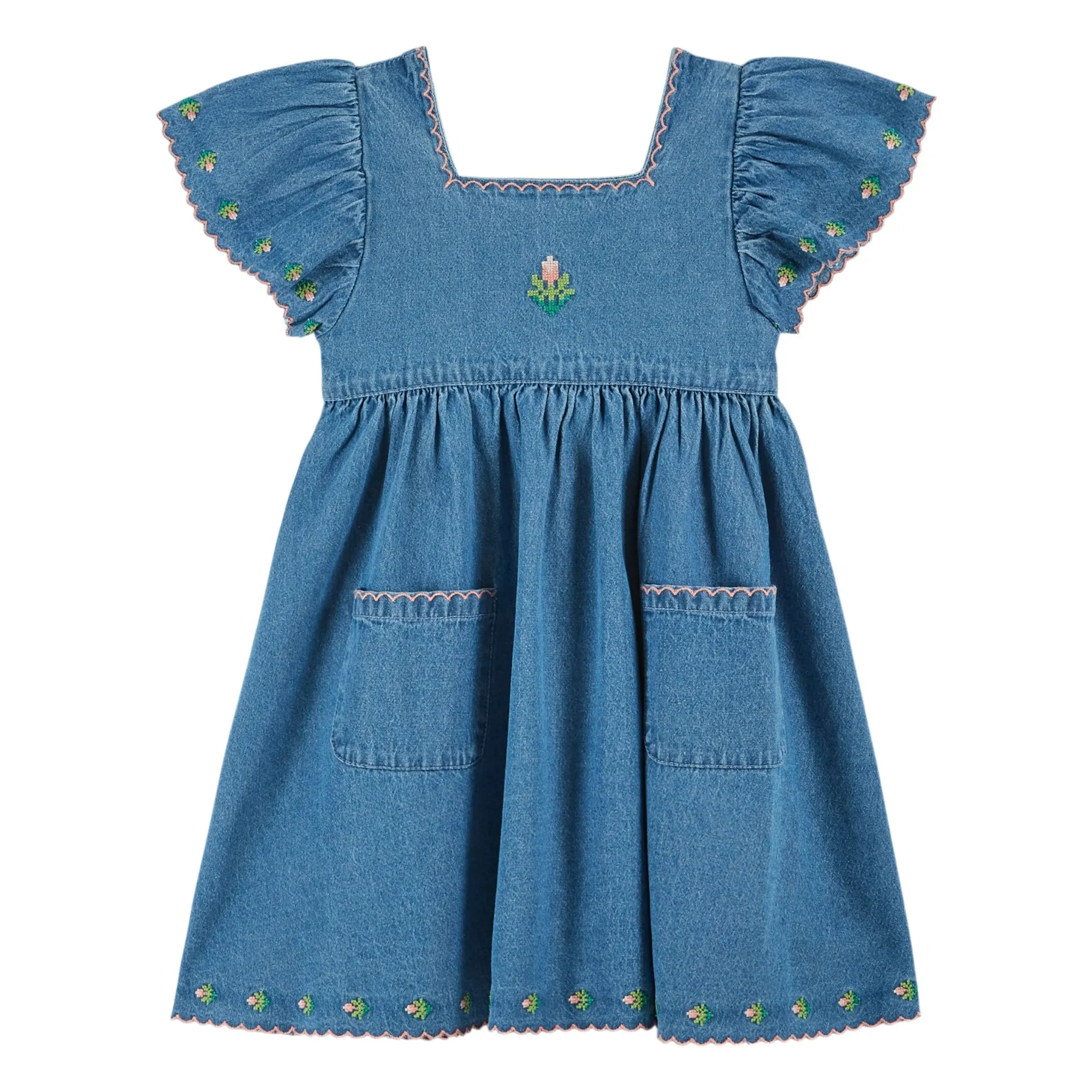 Emile Et Ida Blue Embroidered Denim Dress