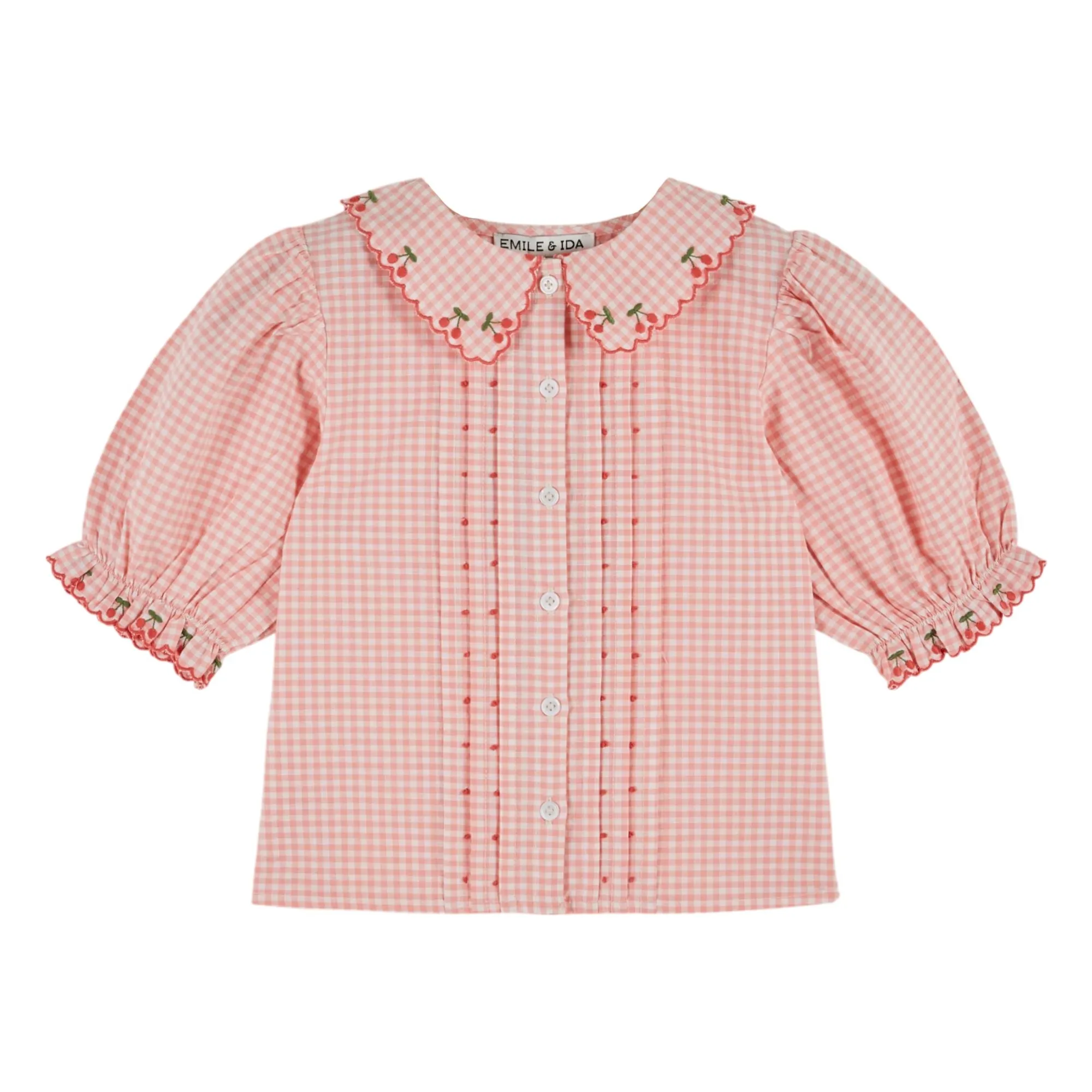 Emile Et Ida Pink Gingham Embroidered Blouse Organic Cotton