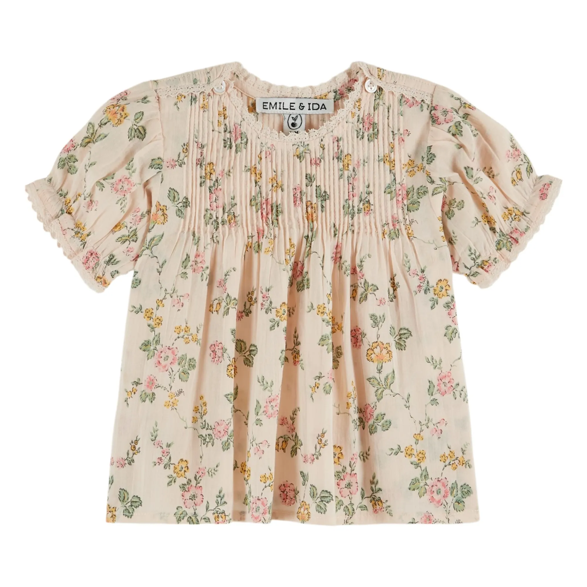Emile Et Ida Pale Pink Blouse Froncé Bouffante Fleurie Coton Bio