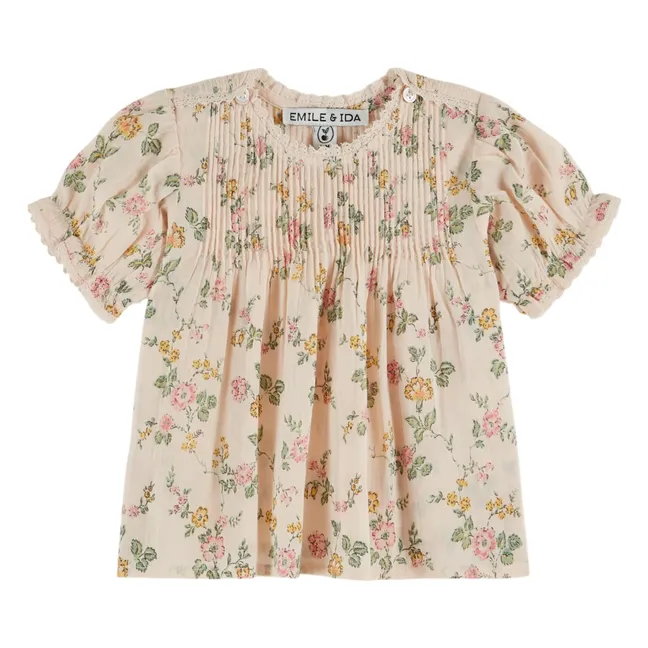 Blouse Froncée Bouffante Fleurie Coton Bio | Rose pâle
