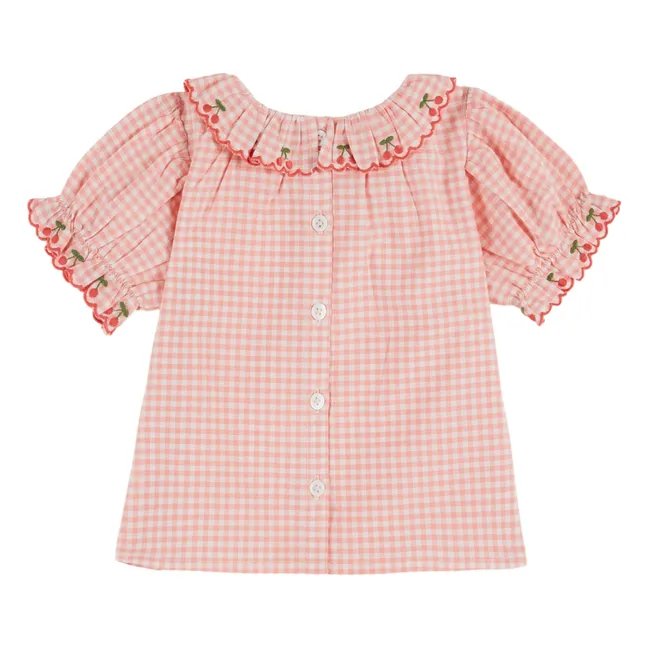 Blouse Brodée Col Vichy Coton Bio | Rose