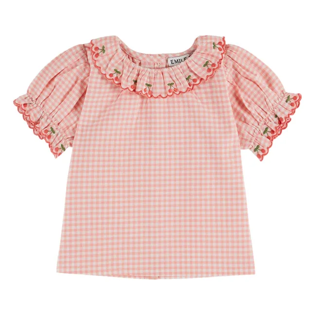 Blusa bordada con cuello de cuadros algodón orgánico | Rosa