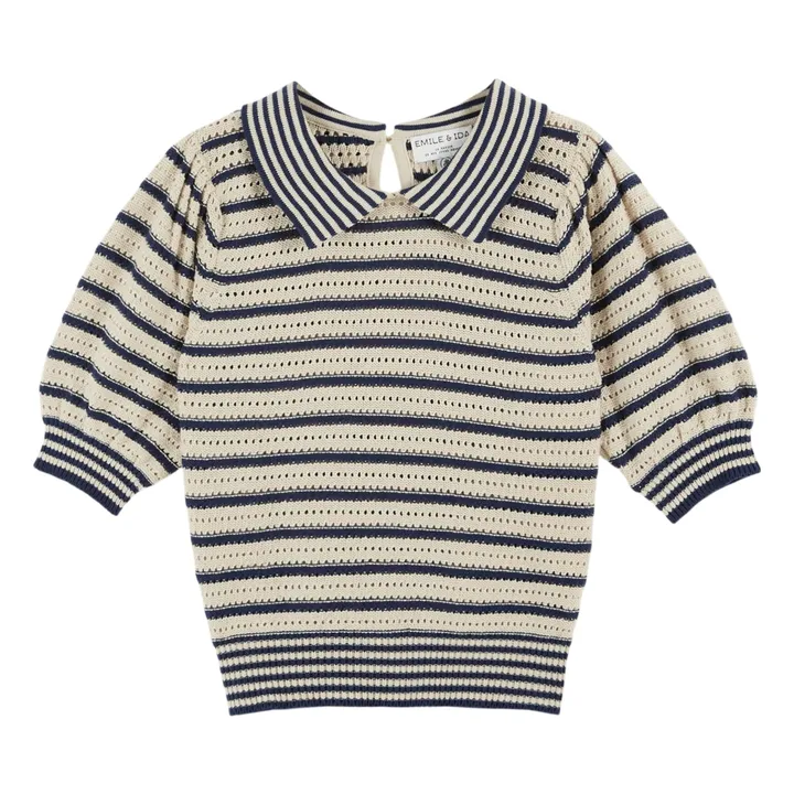 Organic cotton openwork stripes sweater | Navy blue- Product image n°0