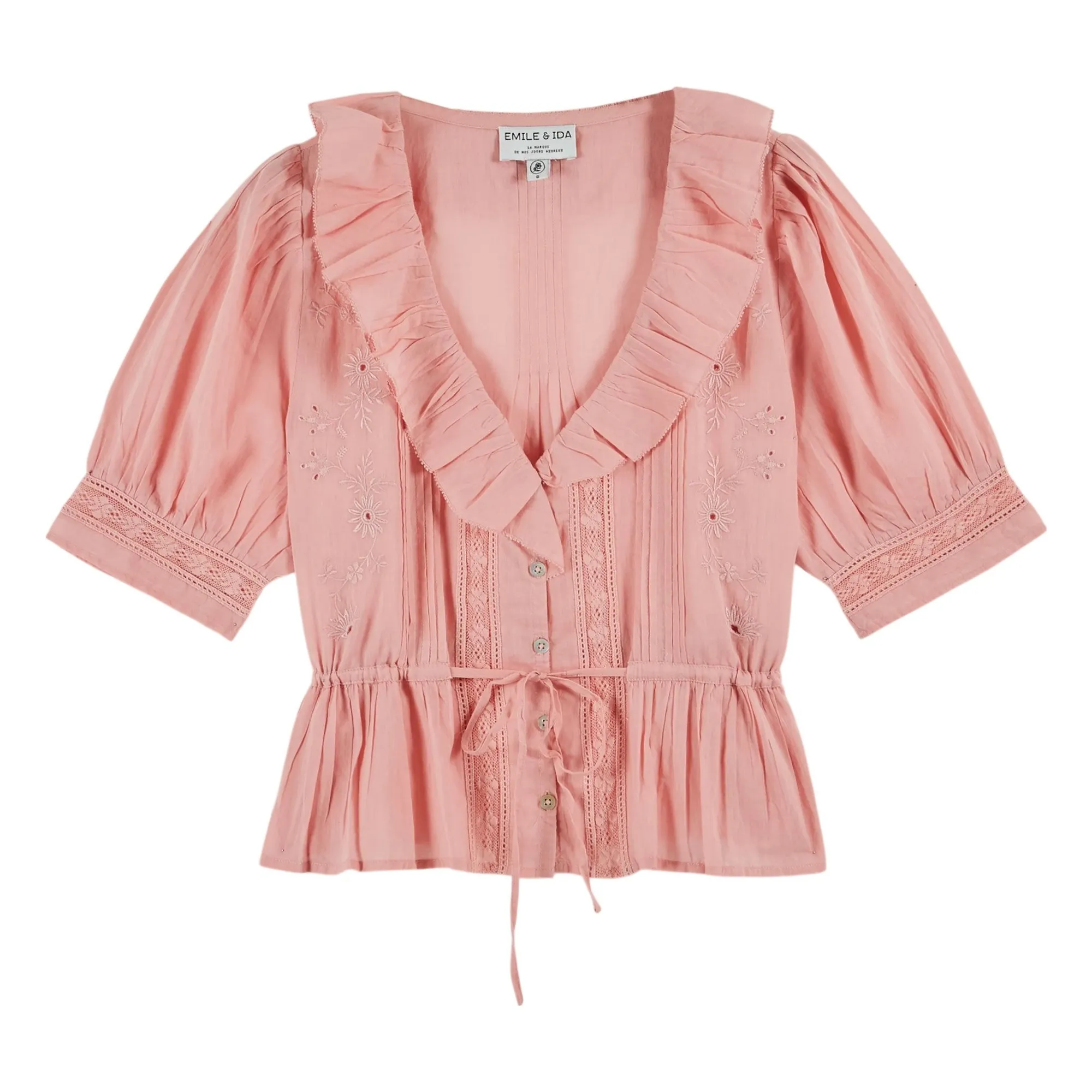 Emile Et Ida Pink Embroidered Cotton Ruffled Blouse