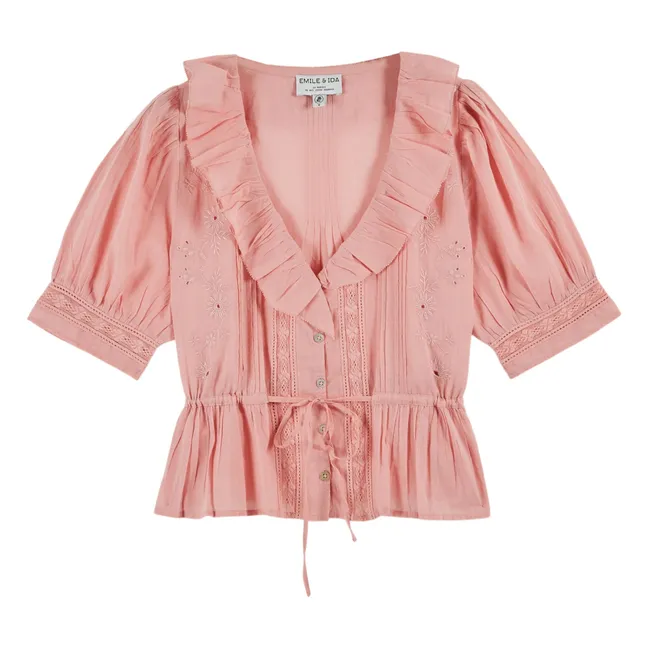 Embroidered cotton ruffled blouse | Pink