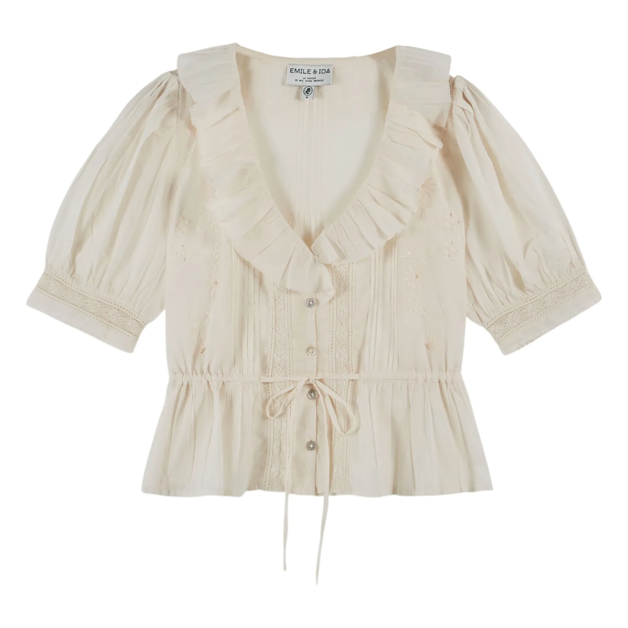 Emile Et Ida Cream Cotton Ruffled Blouse