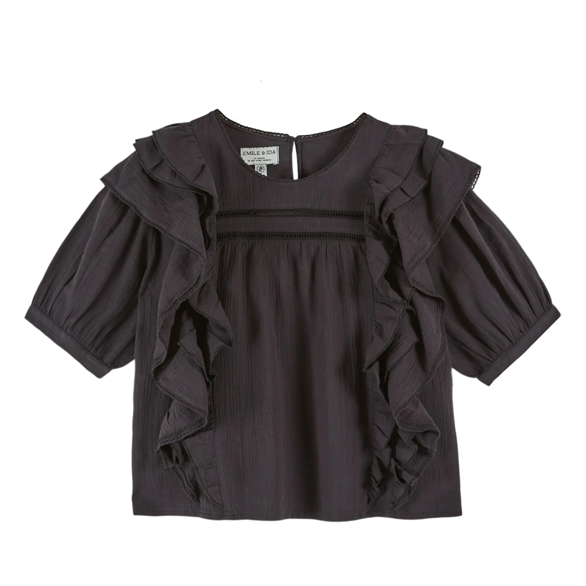 Emile Et Ida Black Cotton Ruffled Blouse