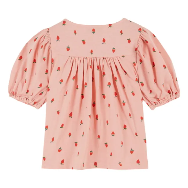 Strawberry Organic Cotton Puff Sleeve T-Shirt | Pink
