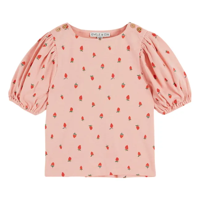 Strawberry Organic Cotton Puff Sleeve T-Shirt | Pink
