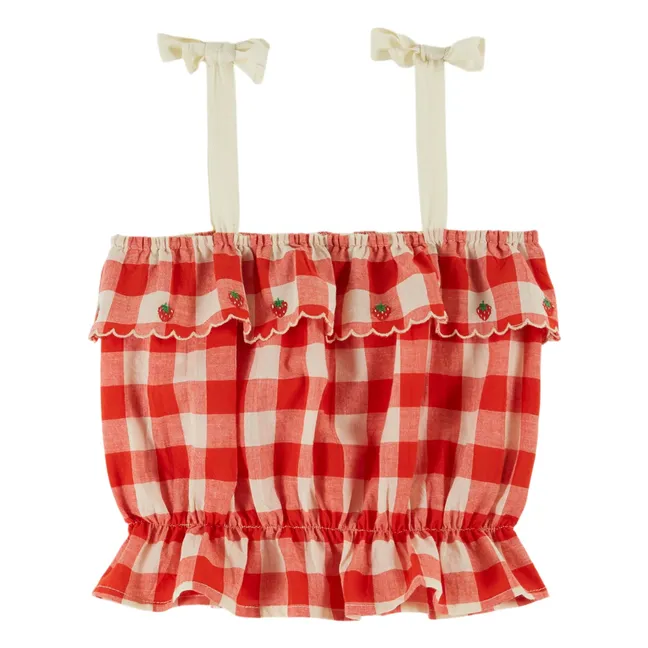 Top de cuadros bordados de algodón orgánico | Rojo