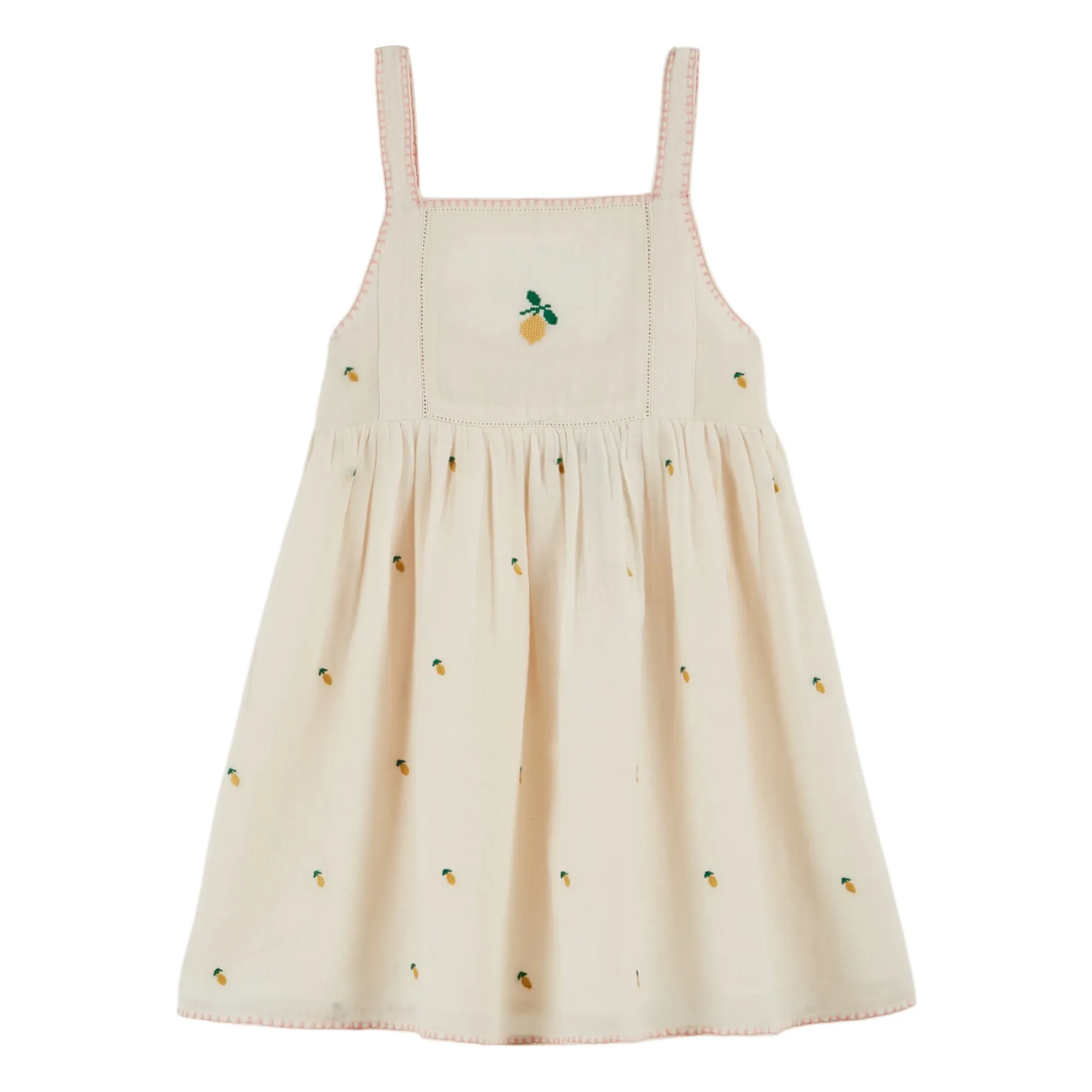 Emile Et Ida Cream Lemon Embroidered Dress