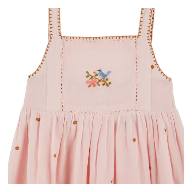 Vestido con pájaro bordado | Rosa Pálido
