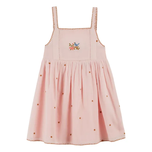 Vestido con pájaro bordado | Rosa Pálido