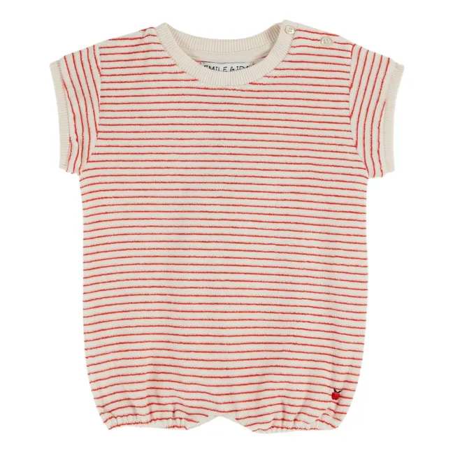 Striped organic cotton terry romper | Red
