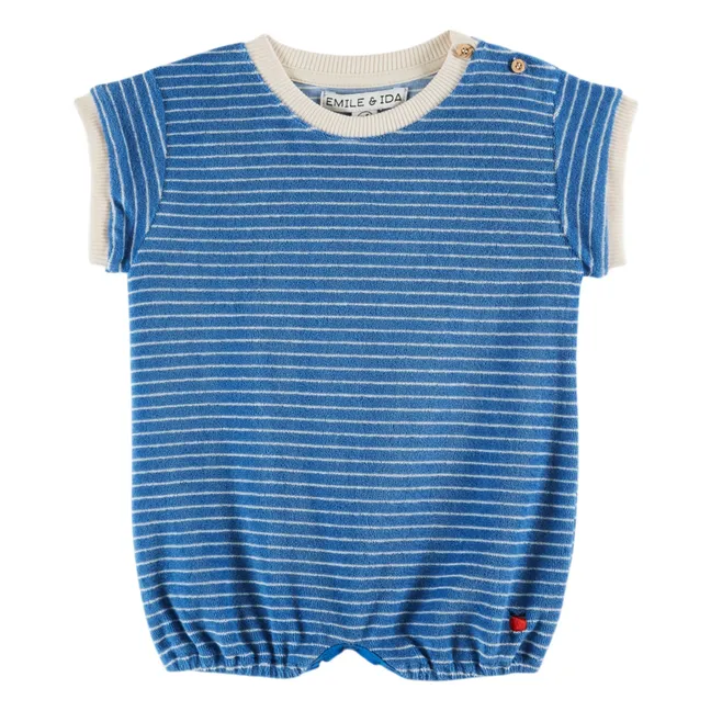 Striped organic cotton terry romper | Blue