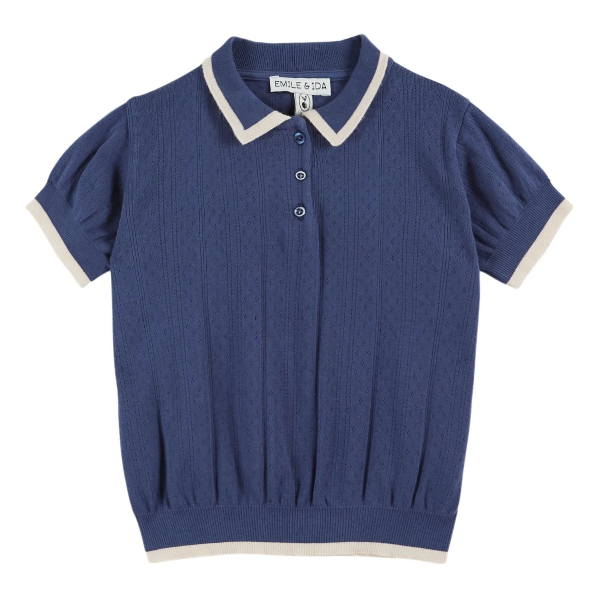 Emile Et Ida Navy Blue Pointelle Contrast Polo Organic Cotton