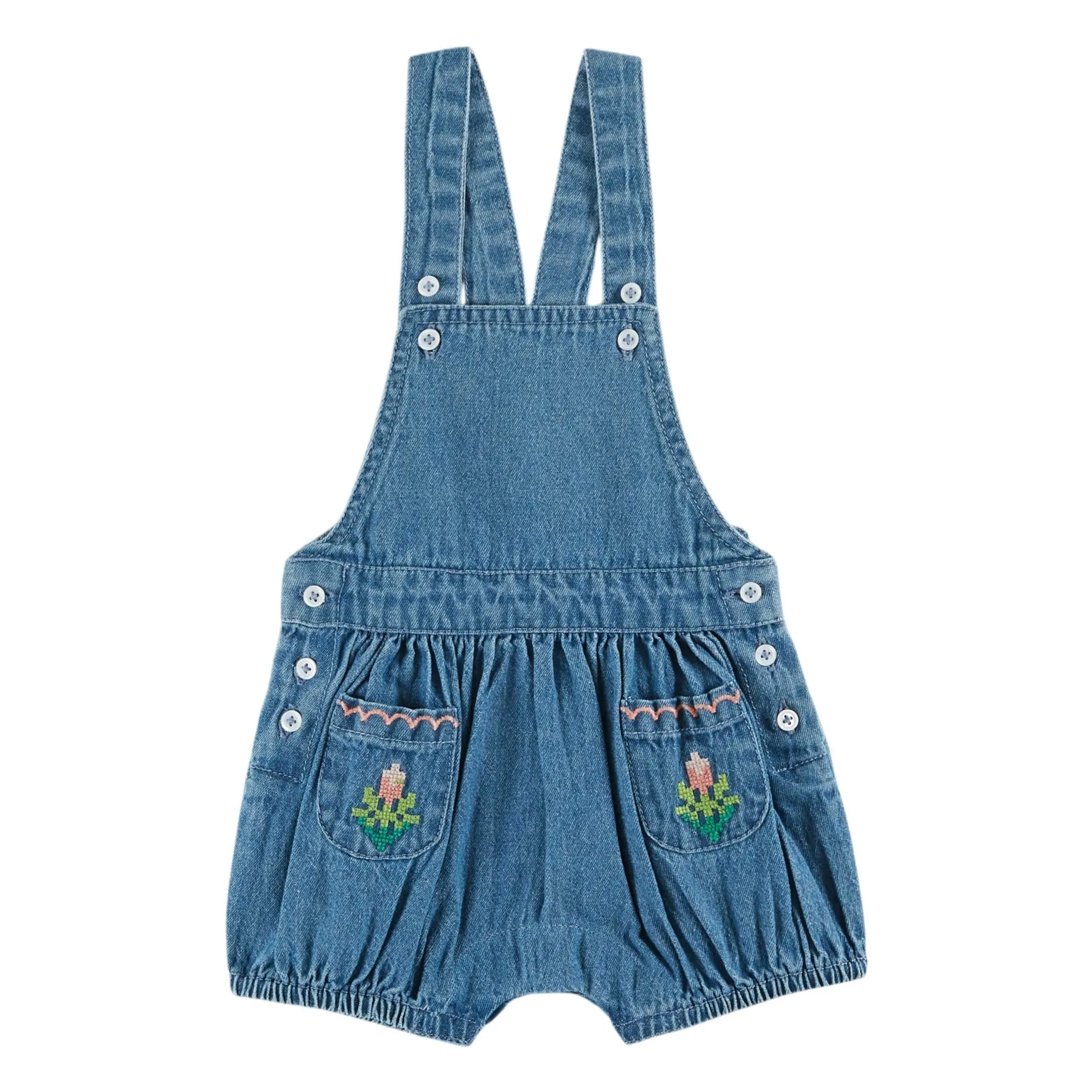Emile Et Ida Blue Embroidered Denim Short Dungarees
