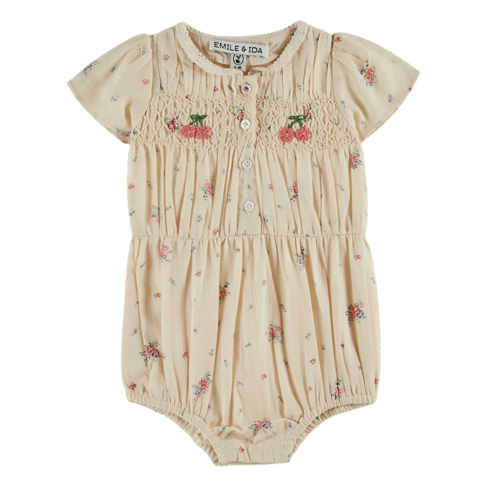 Emile Et Ida Cream Smocked Organic Cotton Floral Romper