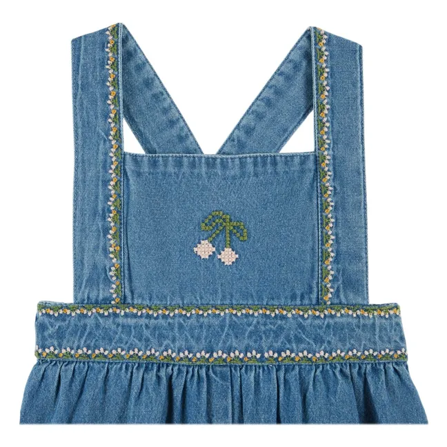 Short Denim Embroidered Cherry Dungarees | Blue
