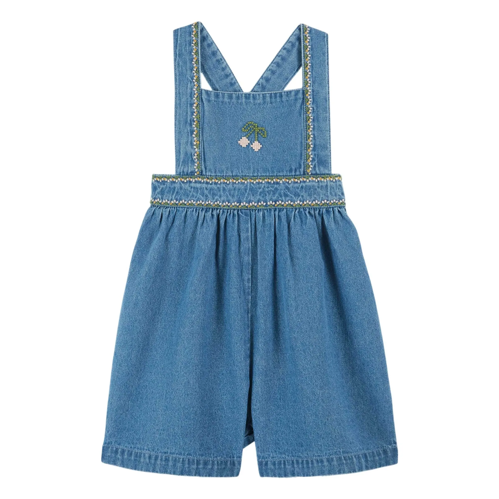 Emile Et Ida Blue Short Denim Embroidered Cherry Dungarees