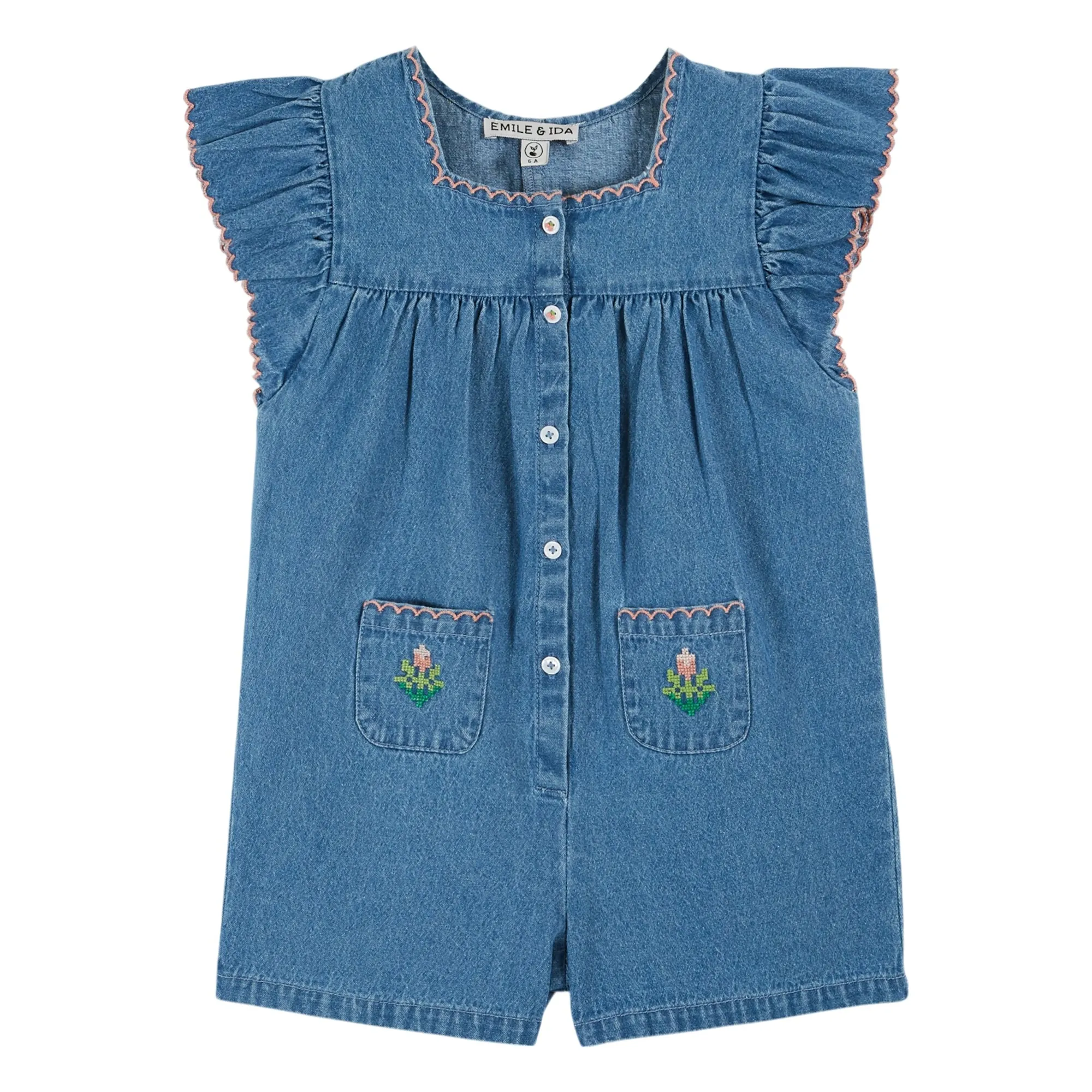 Emile Et Ida Blue Embroidered Denim Playsuit