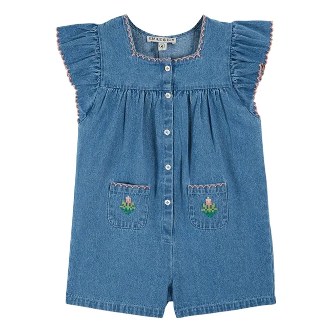 Combishort Denim Brodée | Bleu
