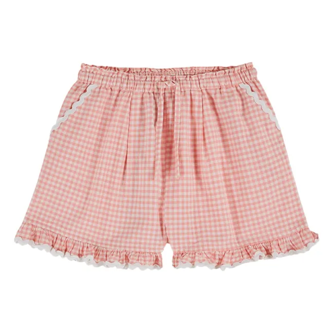 Pantalones cortos de algodón orgánico Gingham Ruffle | Rosa